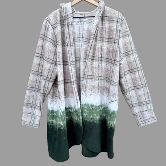 Cuddl Duds Hooded Fleece Cardigan Jacket 2X Tan Green Open Front Thumb Holes - Picture 2 of 10